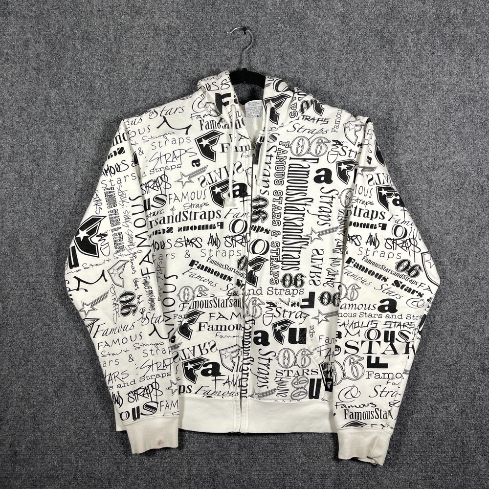 Famous Stars Straps Zip Up Hoodie Black White Graphic Skater Y2K AOP Womens XL